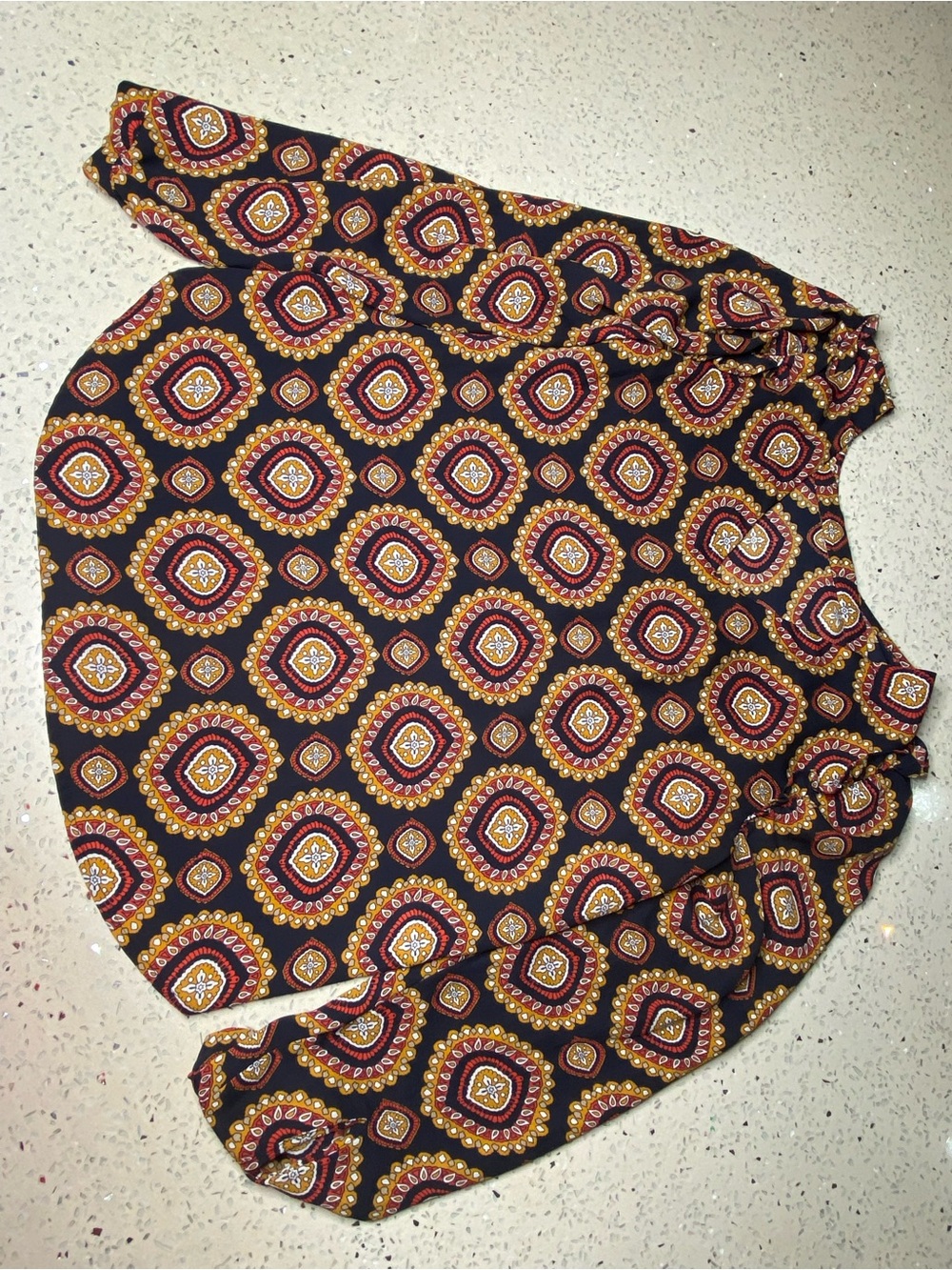 LOFT Black Long-Sleeve Blouse with Rust and Gold Medallion Print